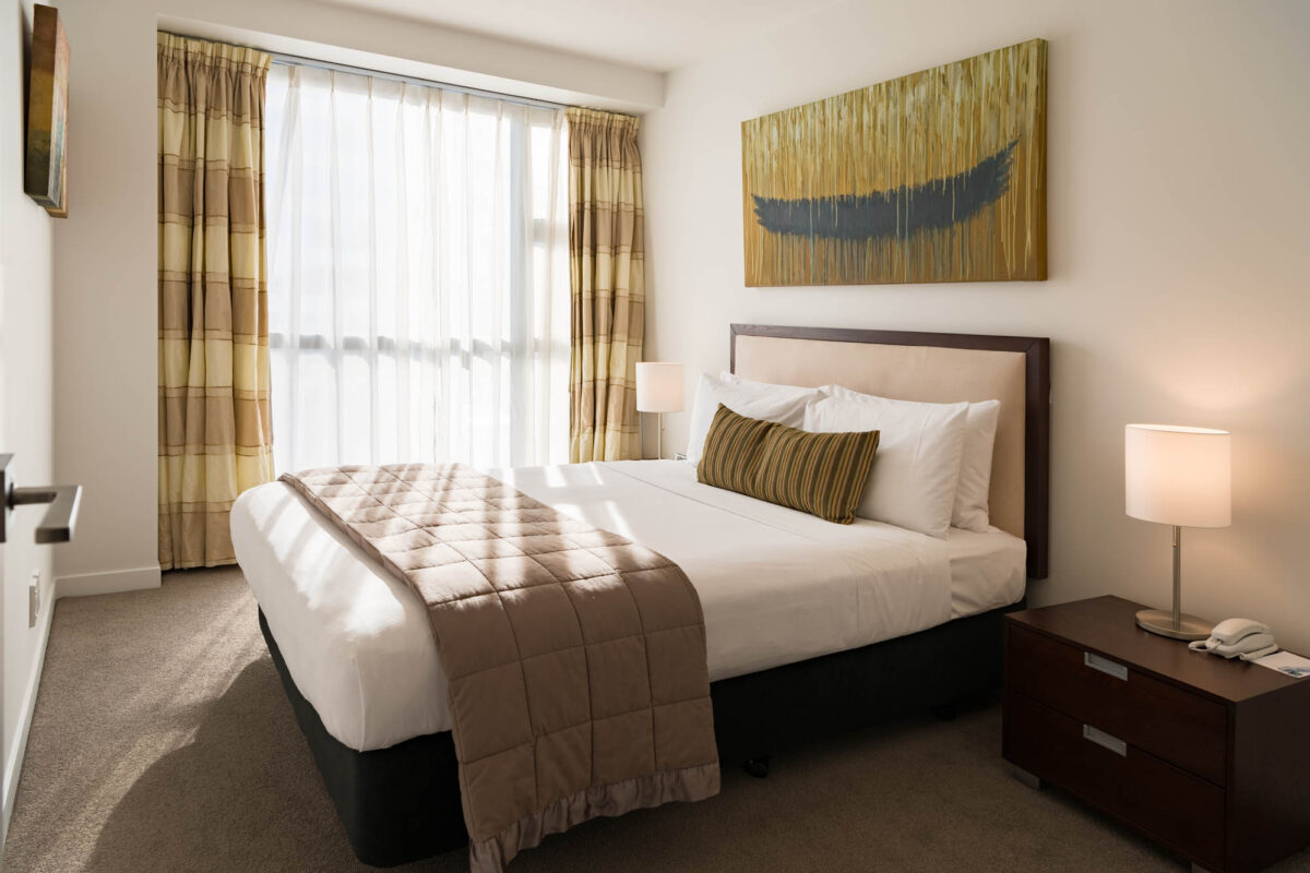 Queen Bedroom - Boulcott Suites 2 Bedroom Apartment South Tower For the Village Accommodation Group, Wellington, N.Z. Photo credit: Stephen A’Court. COPYRIGHT ©Stephen A’Court
